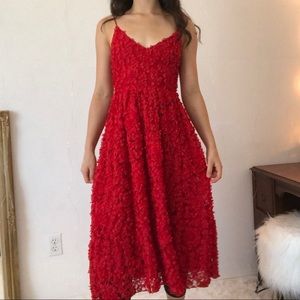 Red midi dress with floral detailing